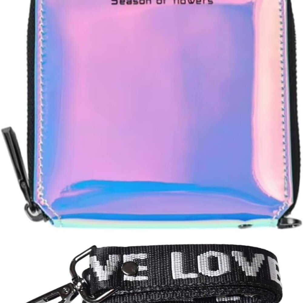 Women Faux Leather Holographic Zip Wallet with Lanyard Coin Purse Blue